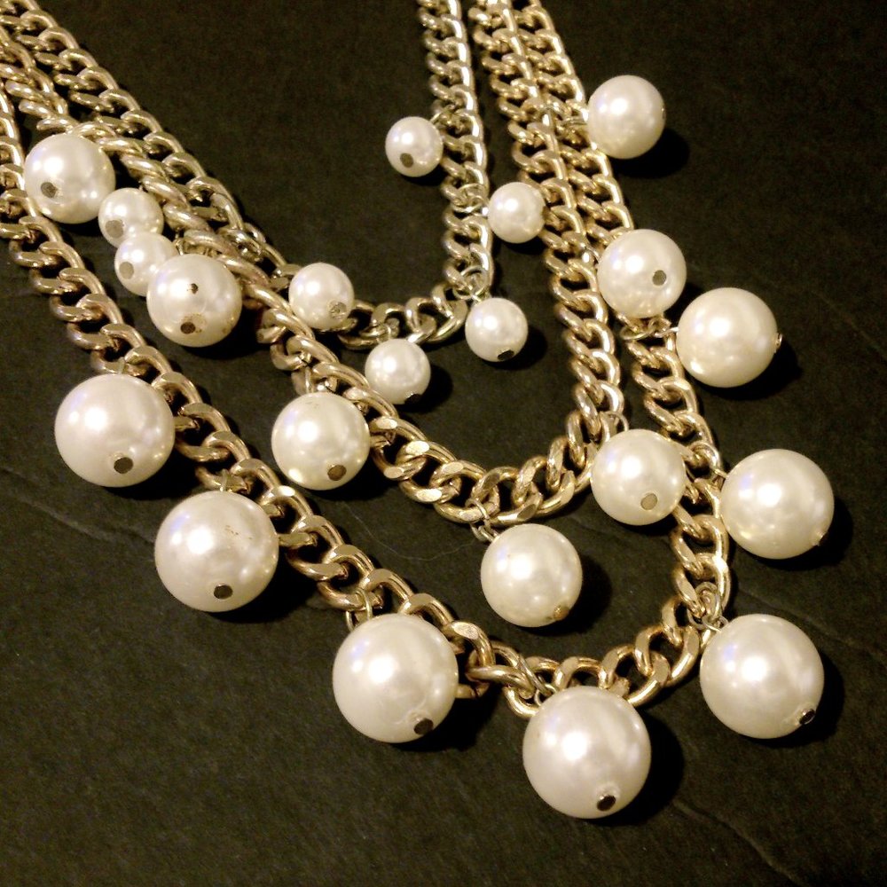 Chunky Gold Tone White Dangling Faux Pearl Multi Chain Necklace Signed Etc.